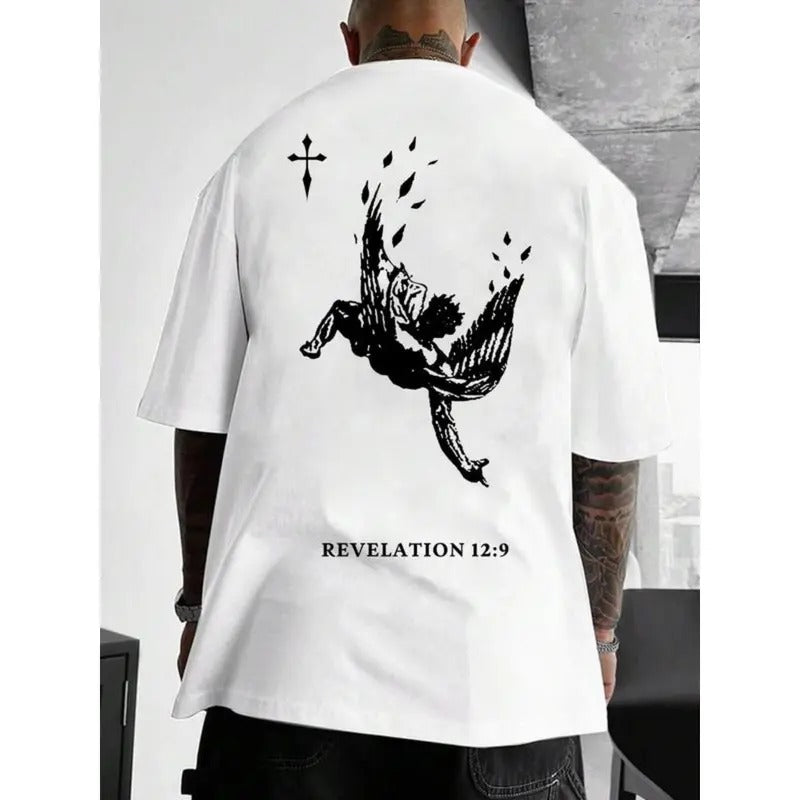 Angel & Letter Print Round Neck Drop Shoulder Loose Short Sleeve Crew Neck Casual Menswear Top Summer Underwear T-Shirts