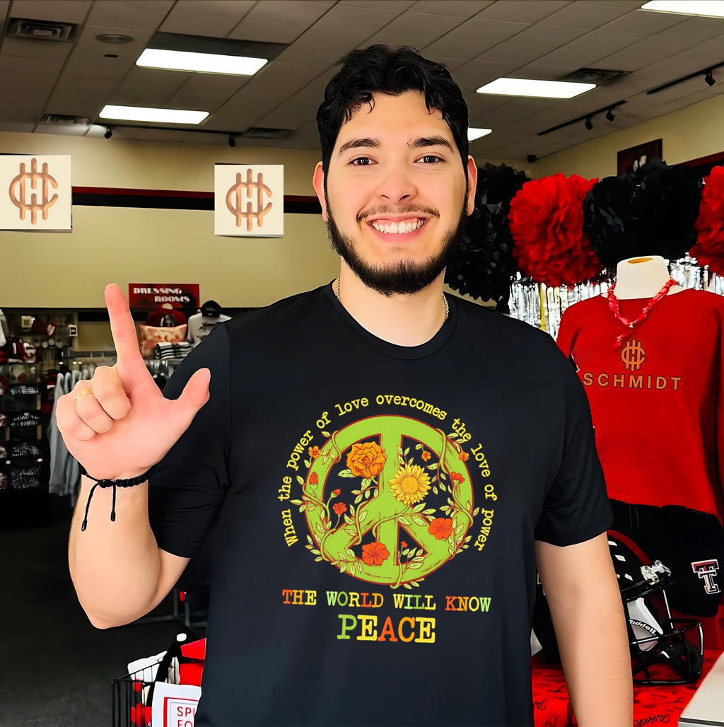 When the power of love overcomes the love of power the world will know peace flowers graphic shirt