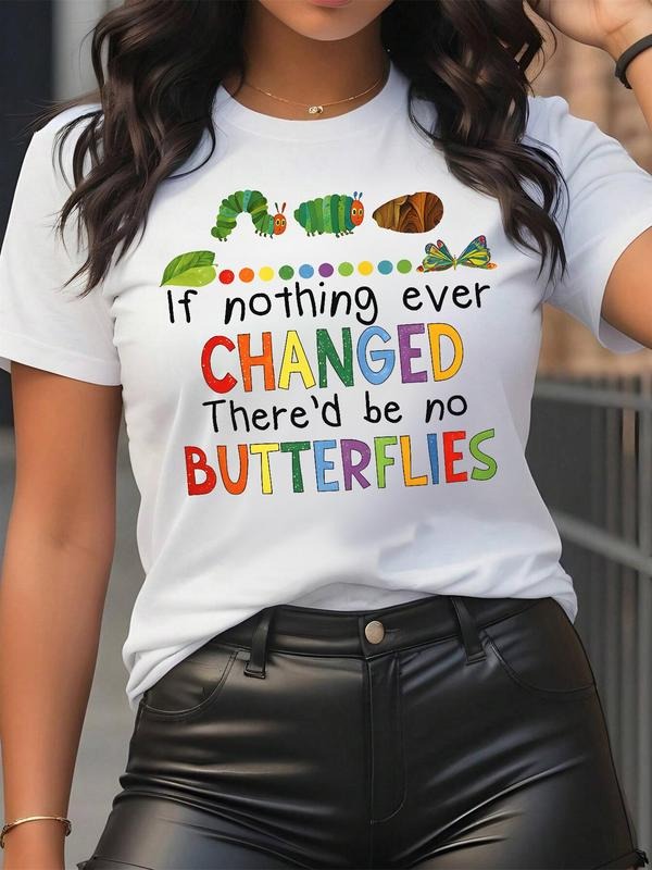 Butterfly & Letter Print Round Neck Casual Short Sleeve Daily Vacation Outdoor Clothes Summer T-Shirts
