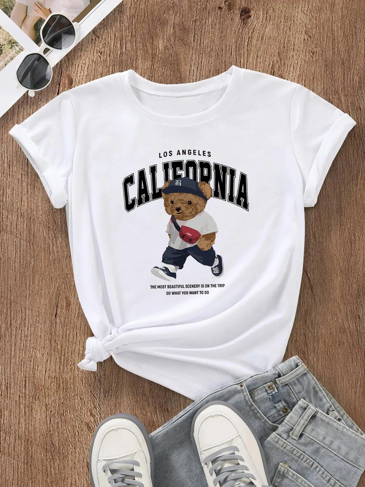 Cartoon Bear & Letter Print Round Neck Casual Short Sleeve Crew Neck Daily Clothes All Seasons T-Shirts