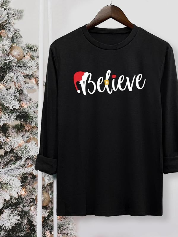 Letter Print Round Neck Casual Long Sleeve Crew Neck Fall & Winter Top Daily Wearstyle{N002}7 T-Shirts