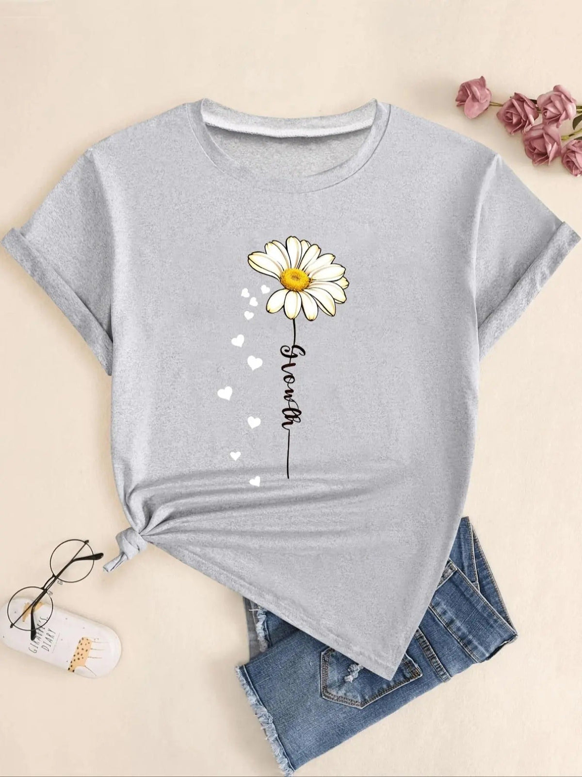 Daisy & Heart & Letter Print Round Neck Casual Short Sleeve Daily Vacation Outdoor Clothes Summer T-Shirts