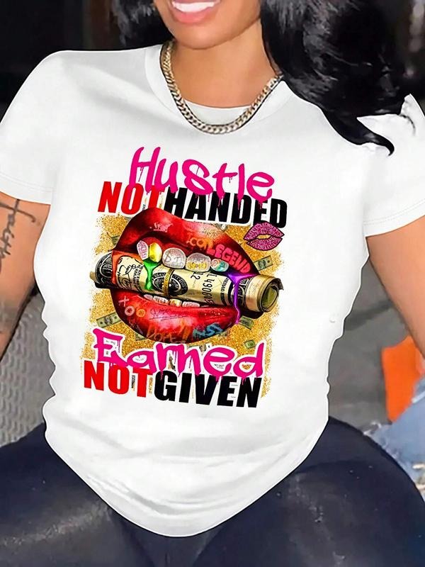 Slogan & Lip Print Round Neck Casual Short Sleeve Daily Vacation Outdoor Summer Clothes T-Shirts