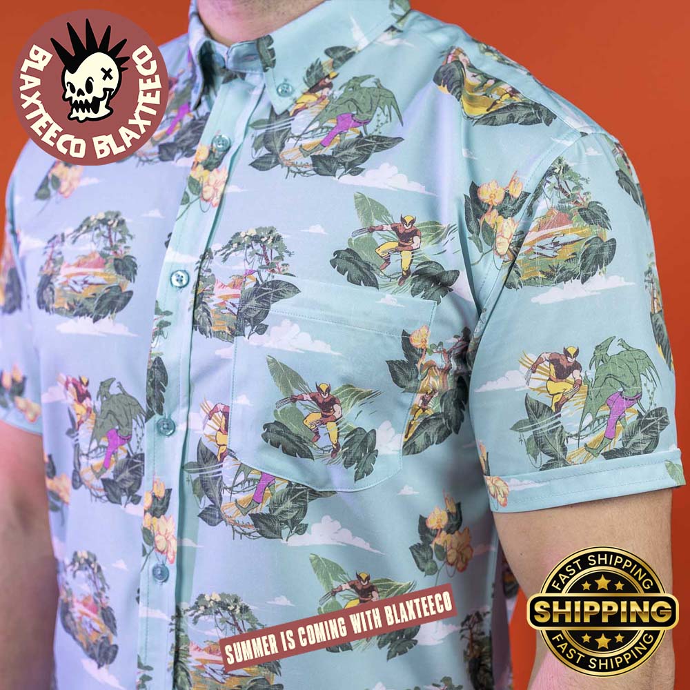 X-Men RSVLTS Wolverine Vs Dinosaur Savage Land Pattern Button Short Sleeve Hawaiian Shirt