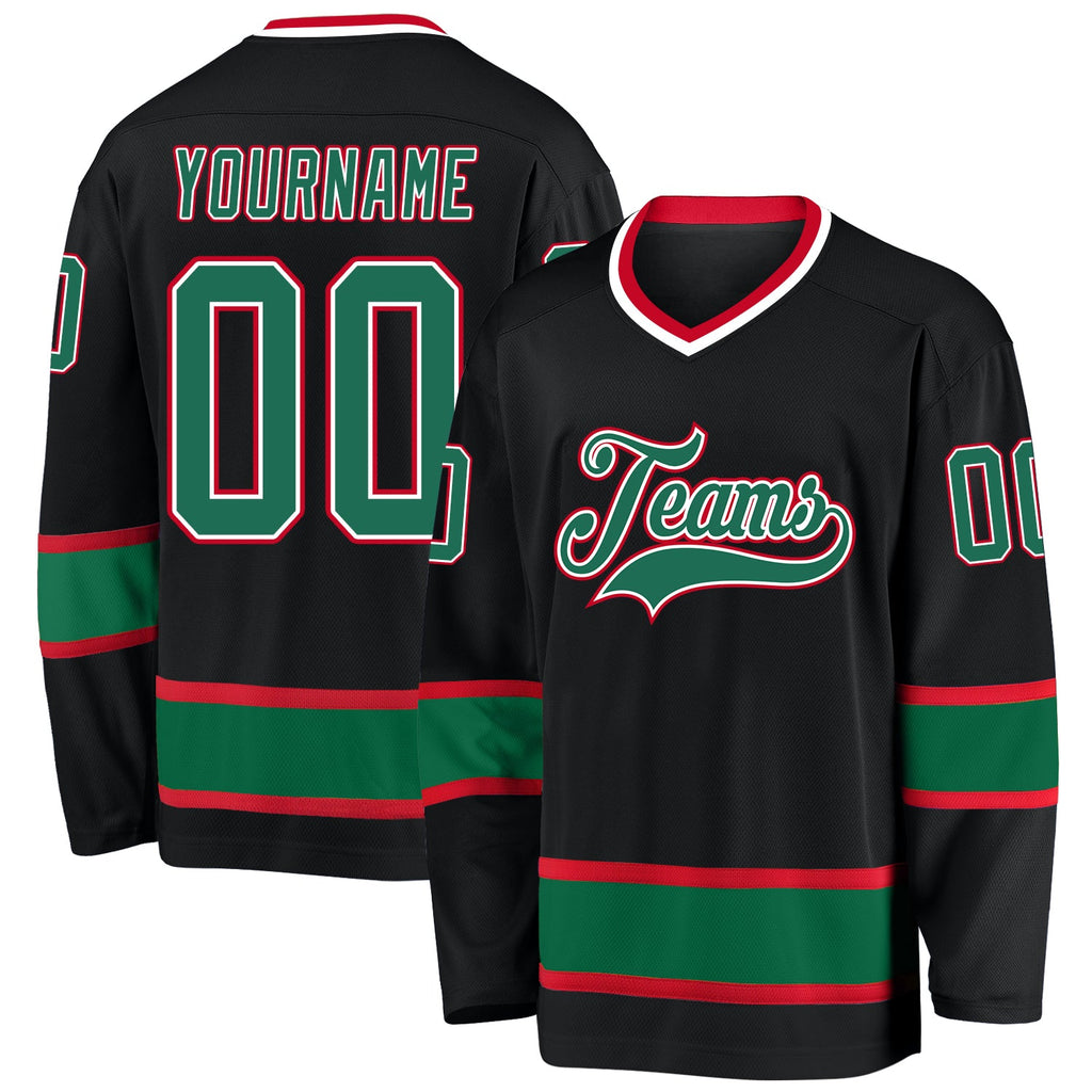 Custom Black Kelly Green-Red Hockey Jersey