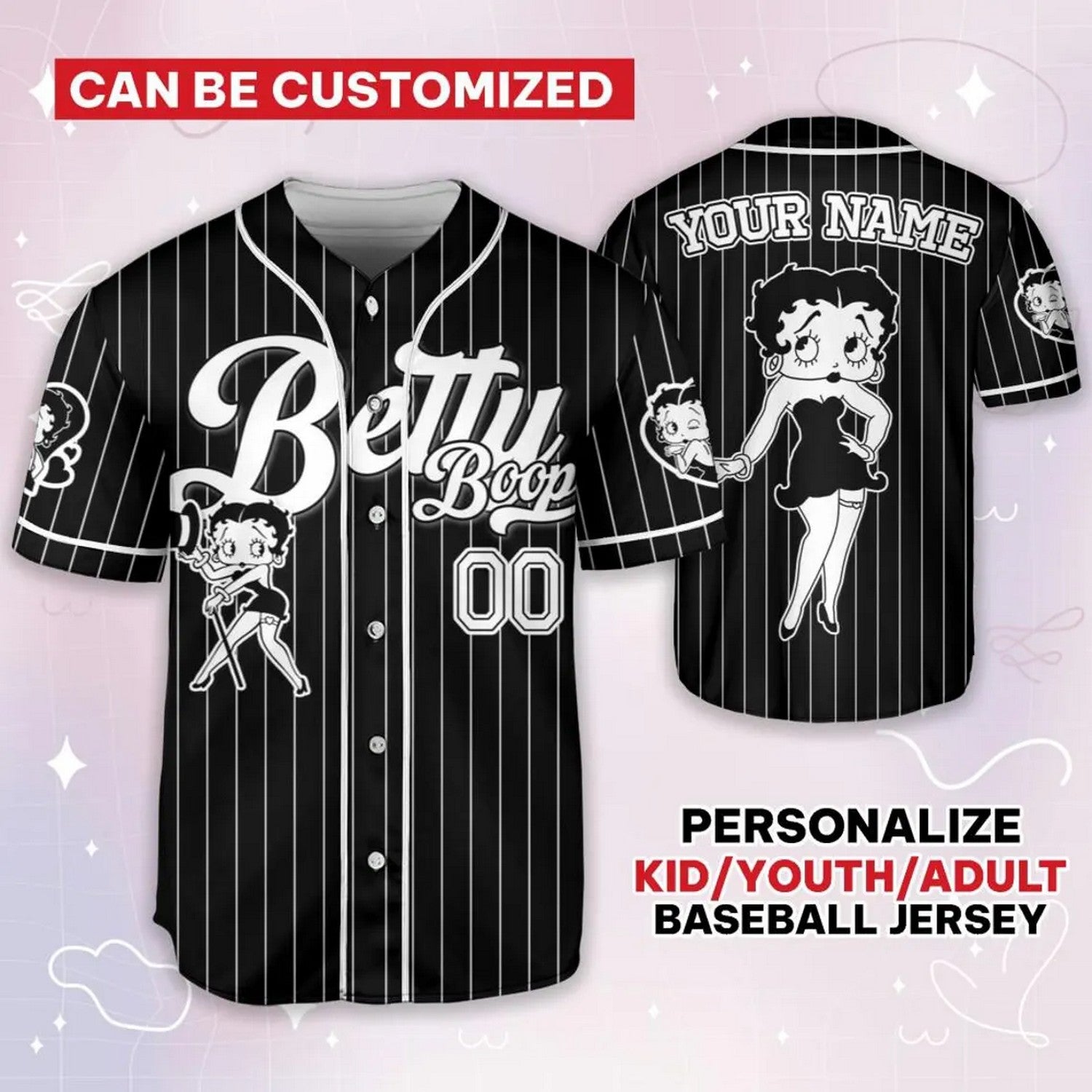 Custom Name Cartoon Betty Boop Blck Simple Baseball Jersey