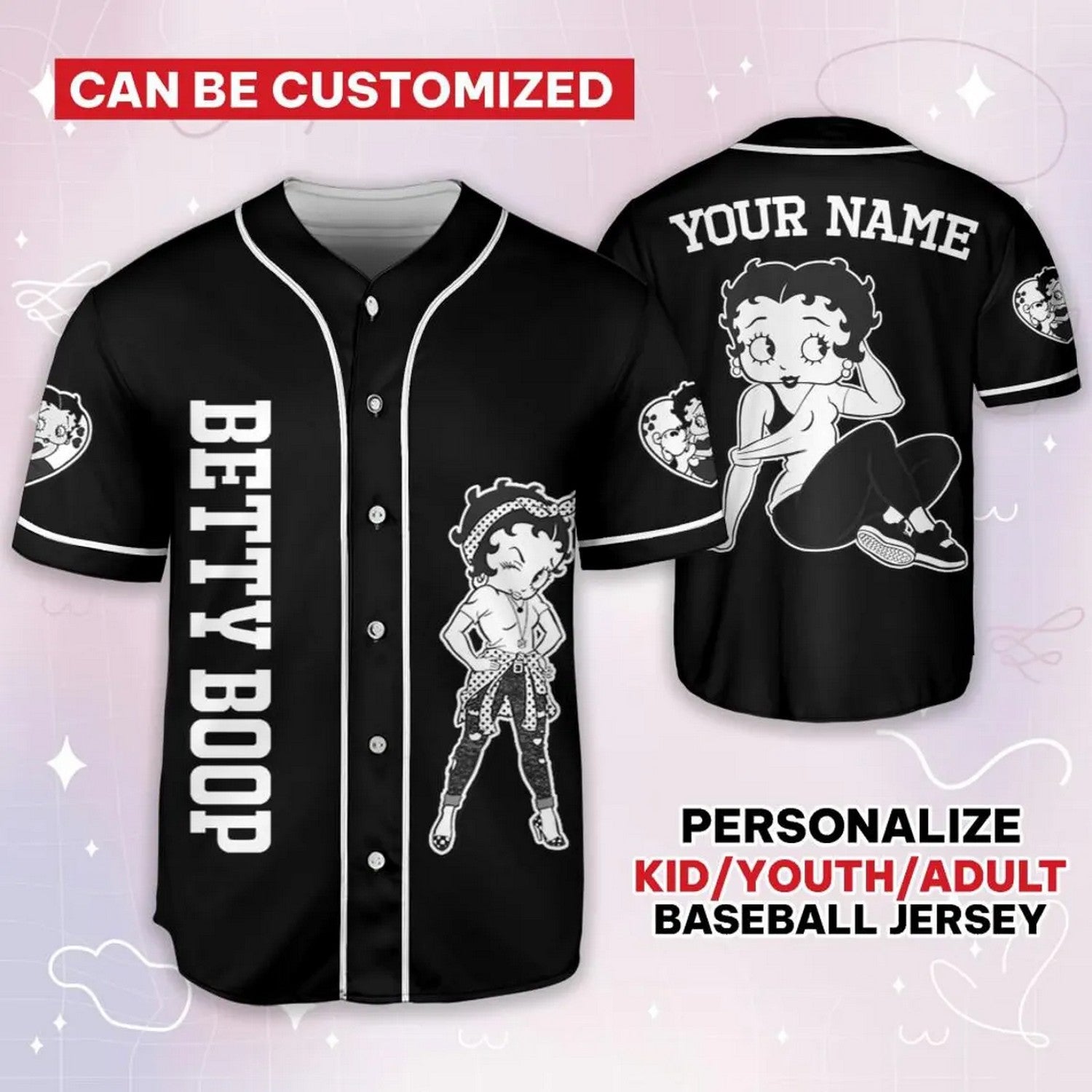 Custom Name Cartoon Betty Boop Cool Black Baseball Jersey