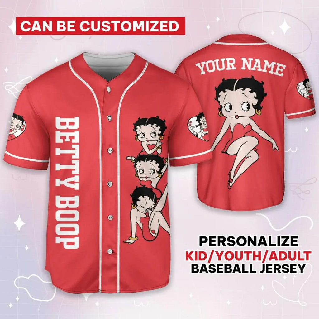 Custom Name Cartoon Betty Boop Dancing Red Baseball Jersey