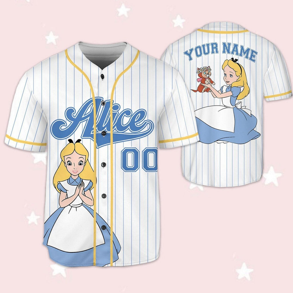 Custom Name And Number Alice In Wonderland Stripes White Baseball Jersey