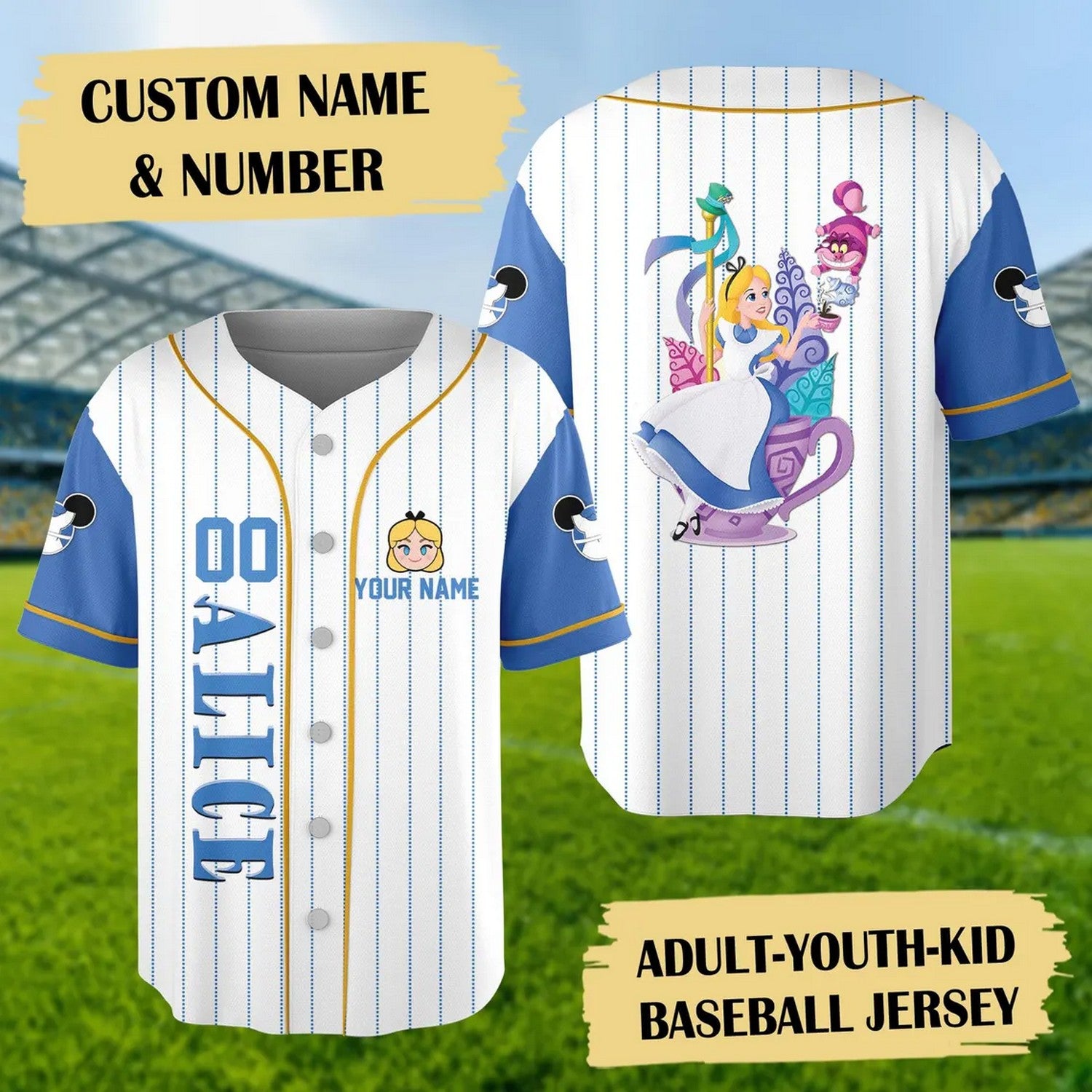 Custom Name And Number Alice The Wonderland White Blue Baseball Jersey