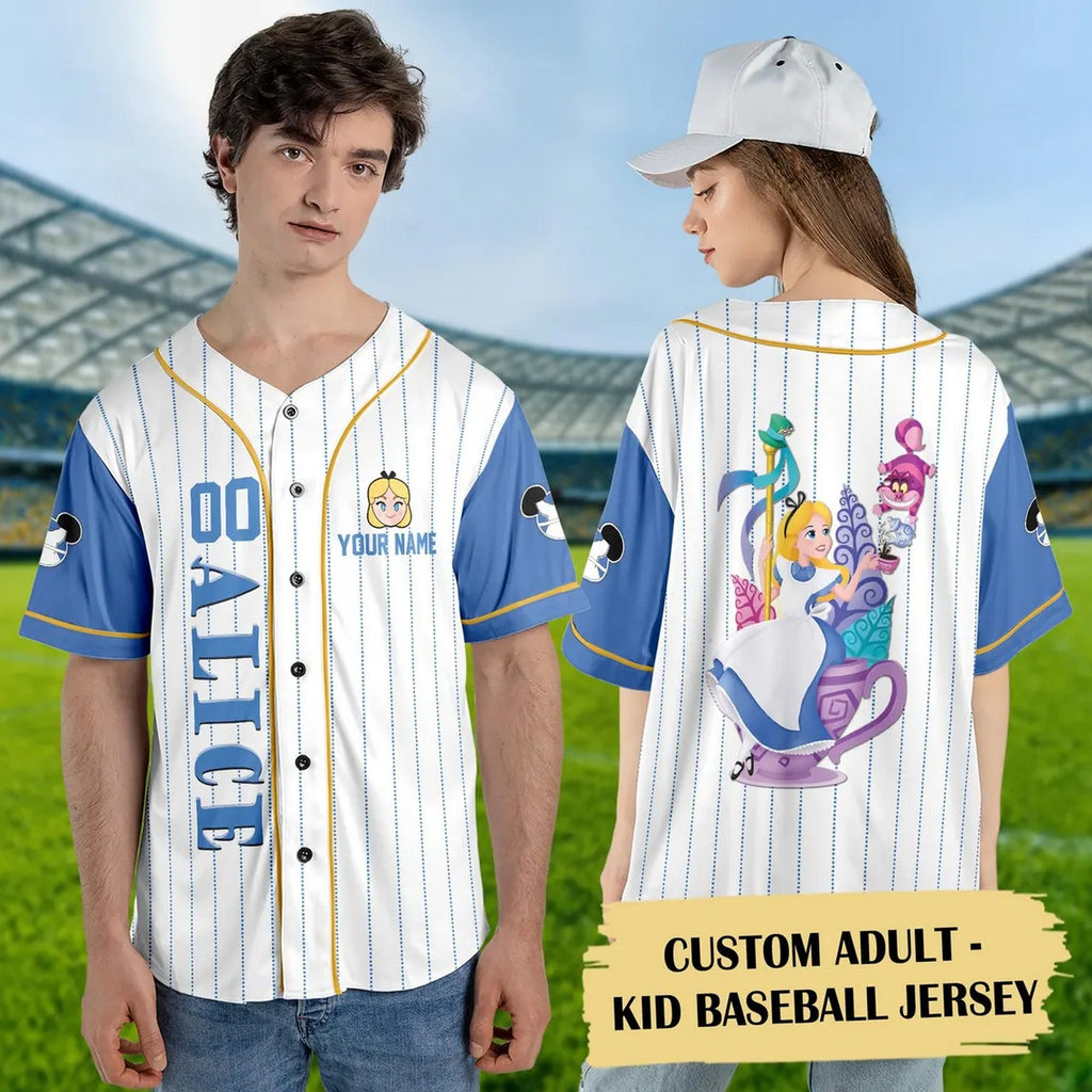 Custom Name And Number Alice The Wonderland White Blue Baseball Jersey