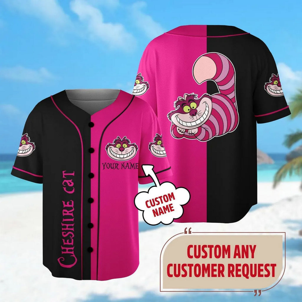 Custom Name Cheshire Cat Alice The Wonderland Black Pink Baseball Jersey