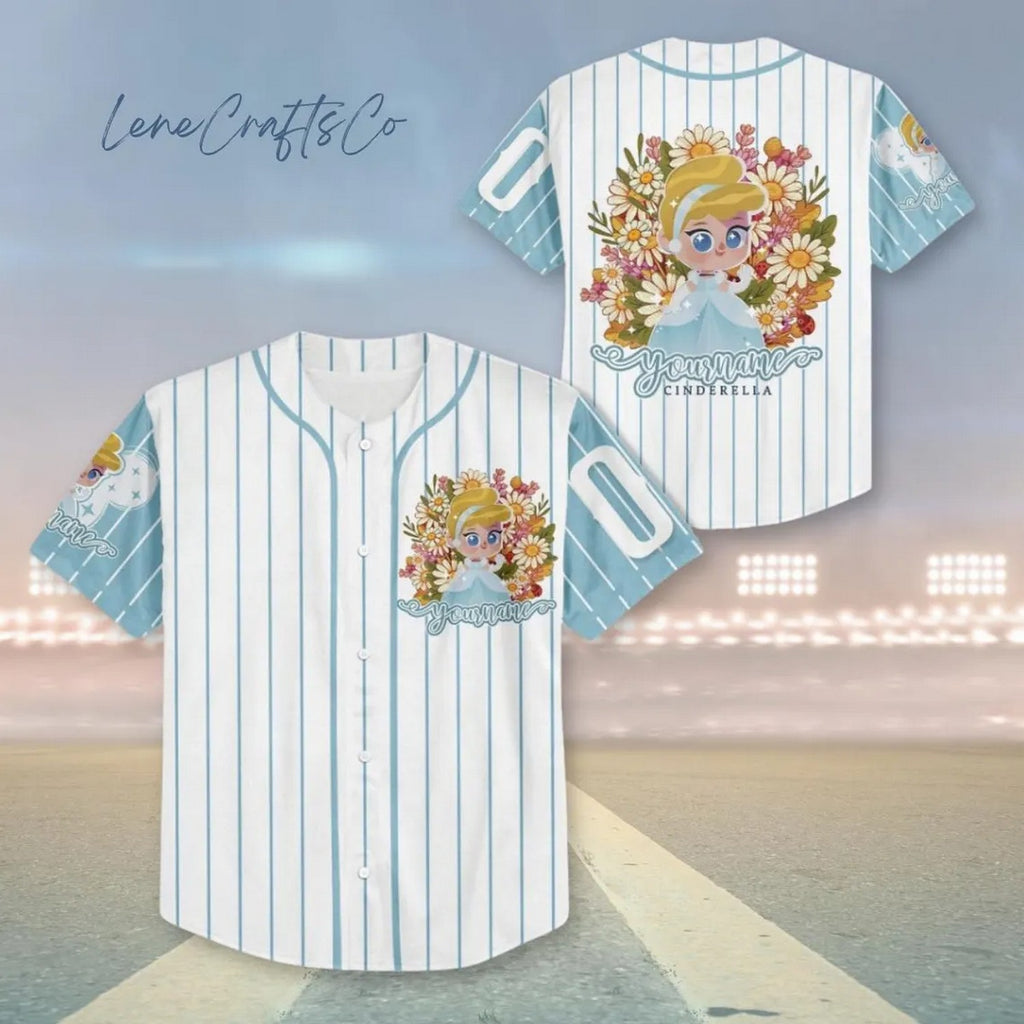 Custom Name And Number Cinderella Princess And Flower Striped Blue White Baseball Jersey