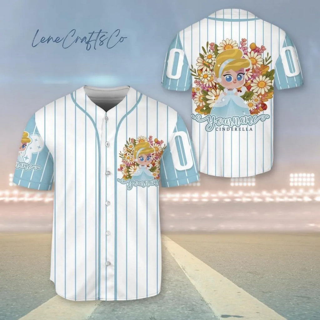 Custom Name And Number Cinderella Princess And Flower Striped Blue White Baseball Jersey
