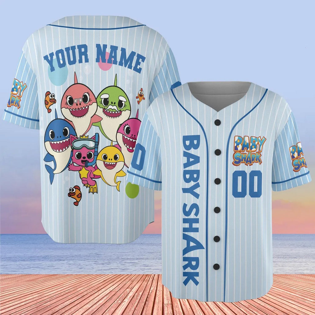 Custom Name And Number Cute Baby Shark Blue Baseball Jersey
