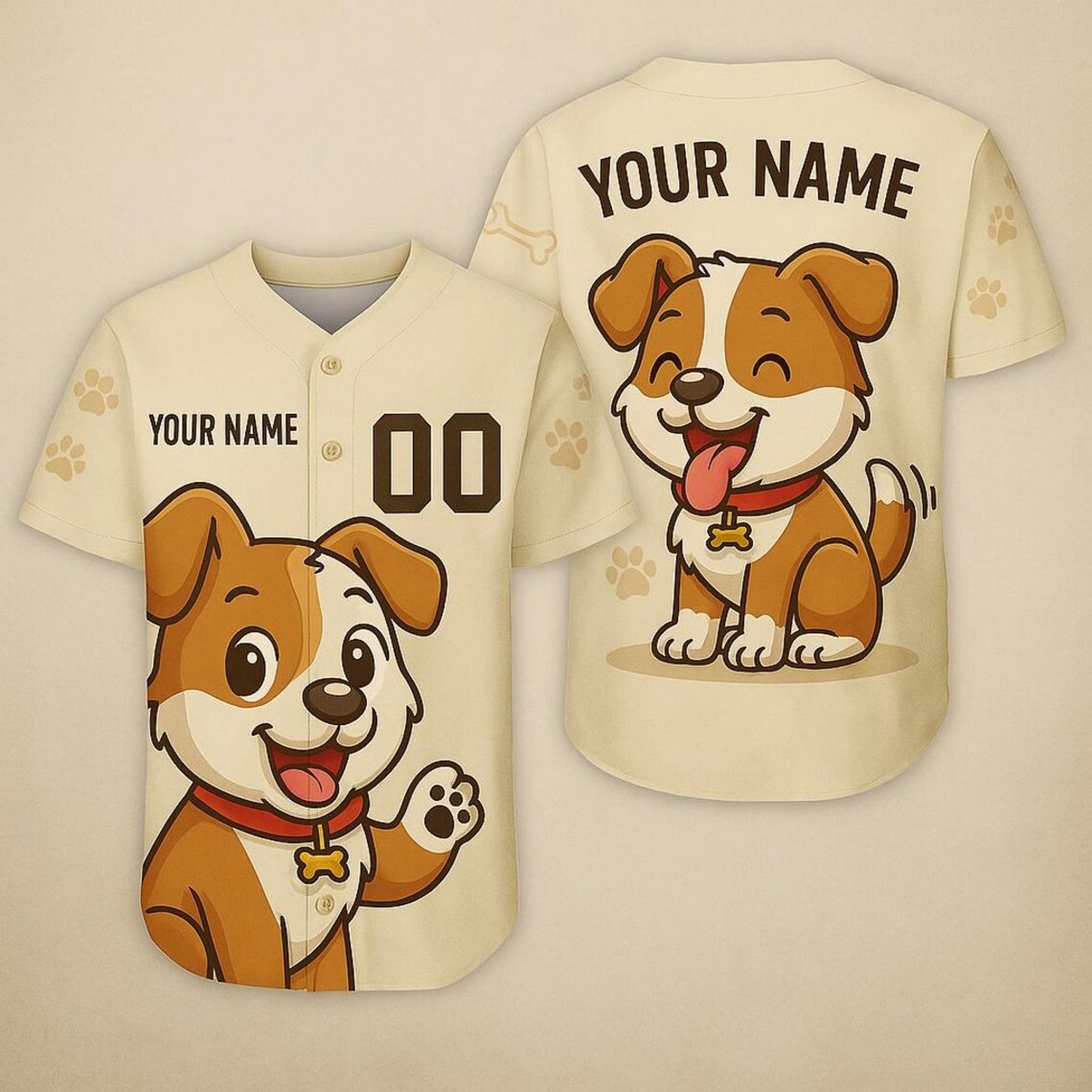 Custom Name And Number Cute Dog Beige Baseball Jersey