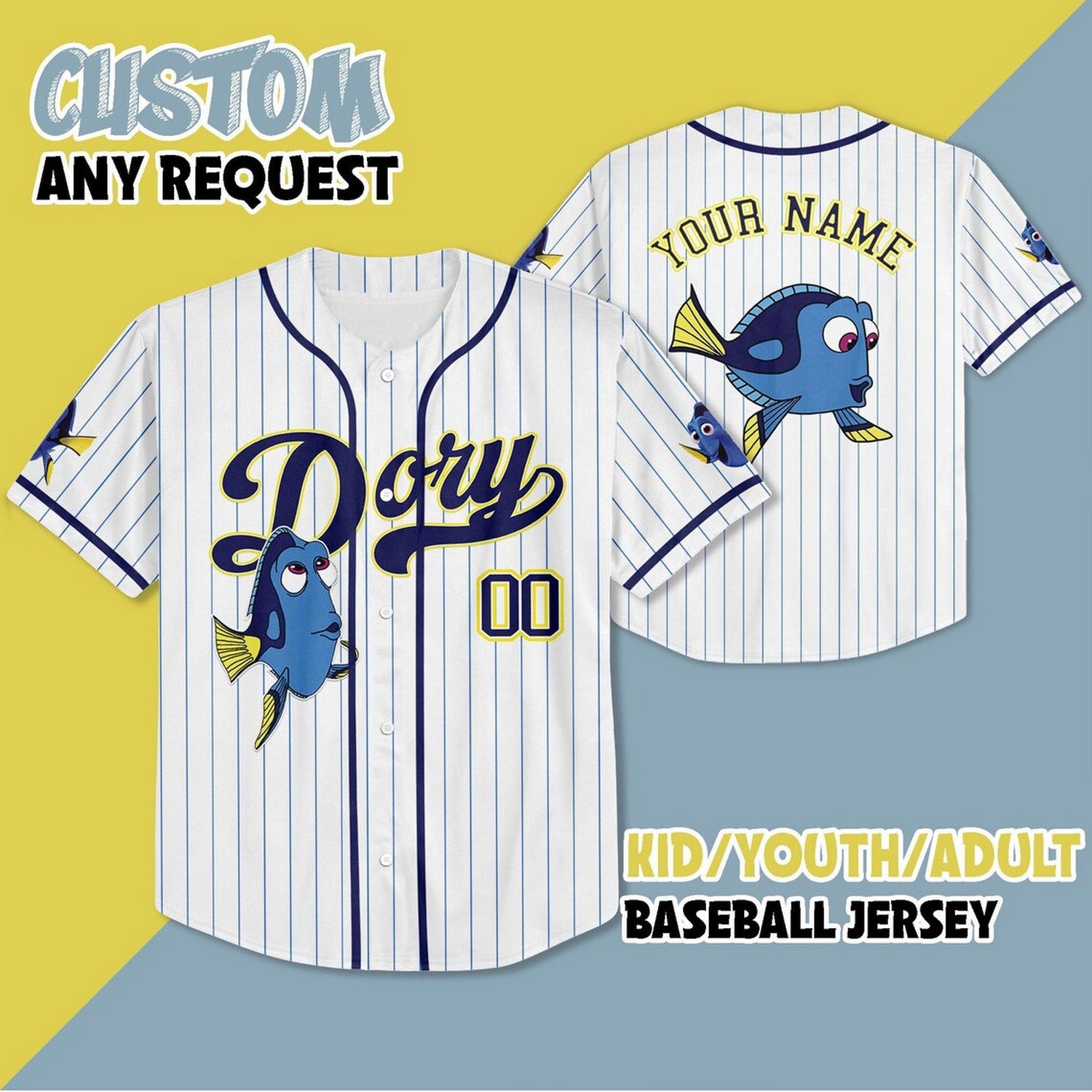 Custom Name And Number Finding Dory Strpied White Baseball Jersey