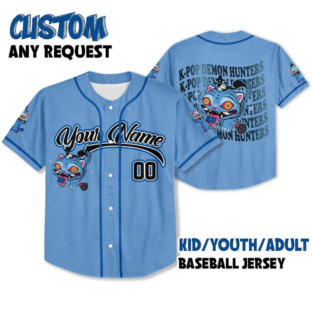Custom Name And Number Kpop Demon Hunter Tiger Blue Baseball Jersey
