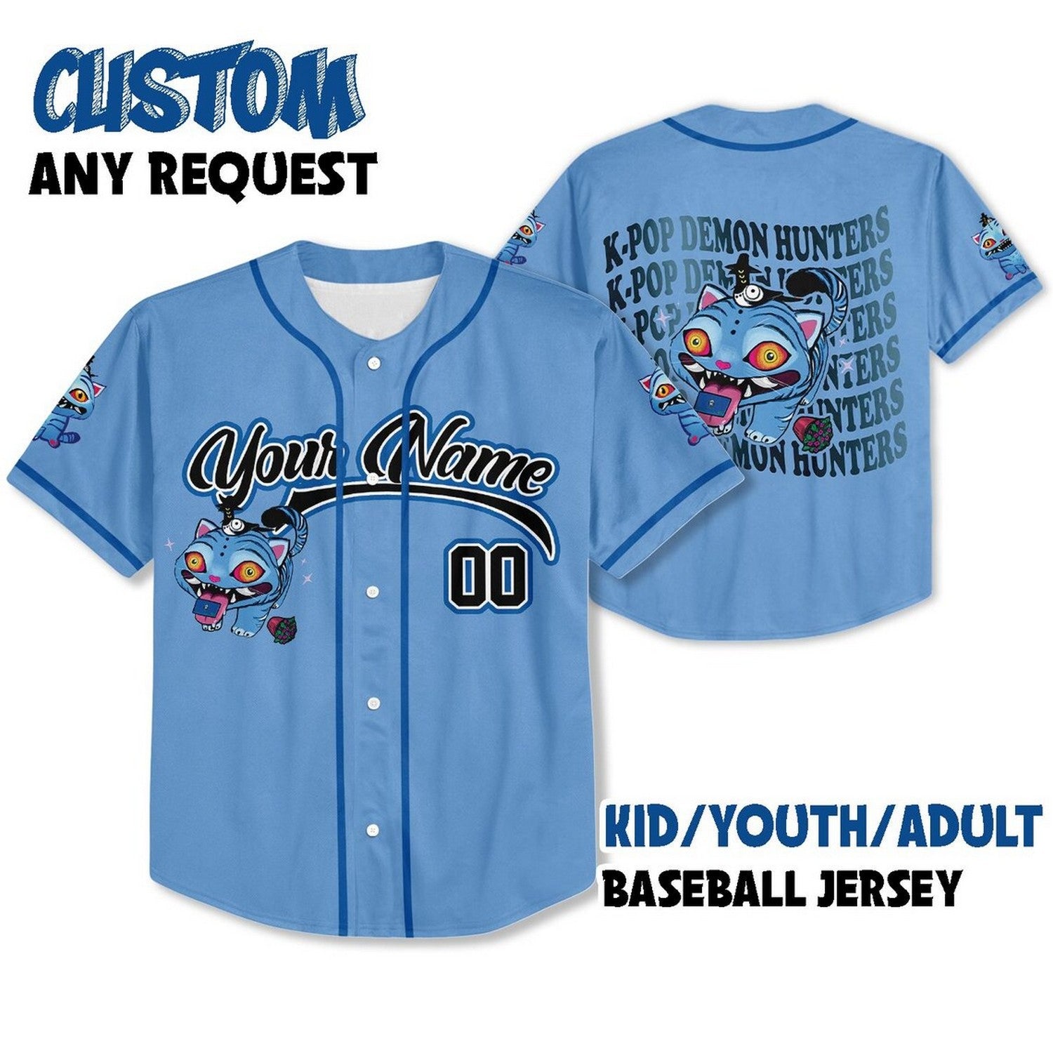 Custom Name And Number Kpop Demon Hunter Tiger Blue Baseball Jersey