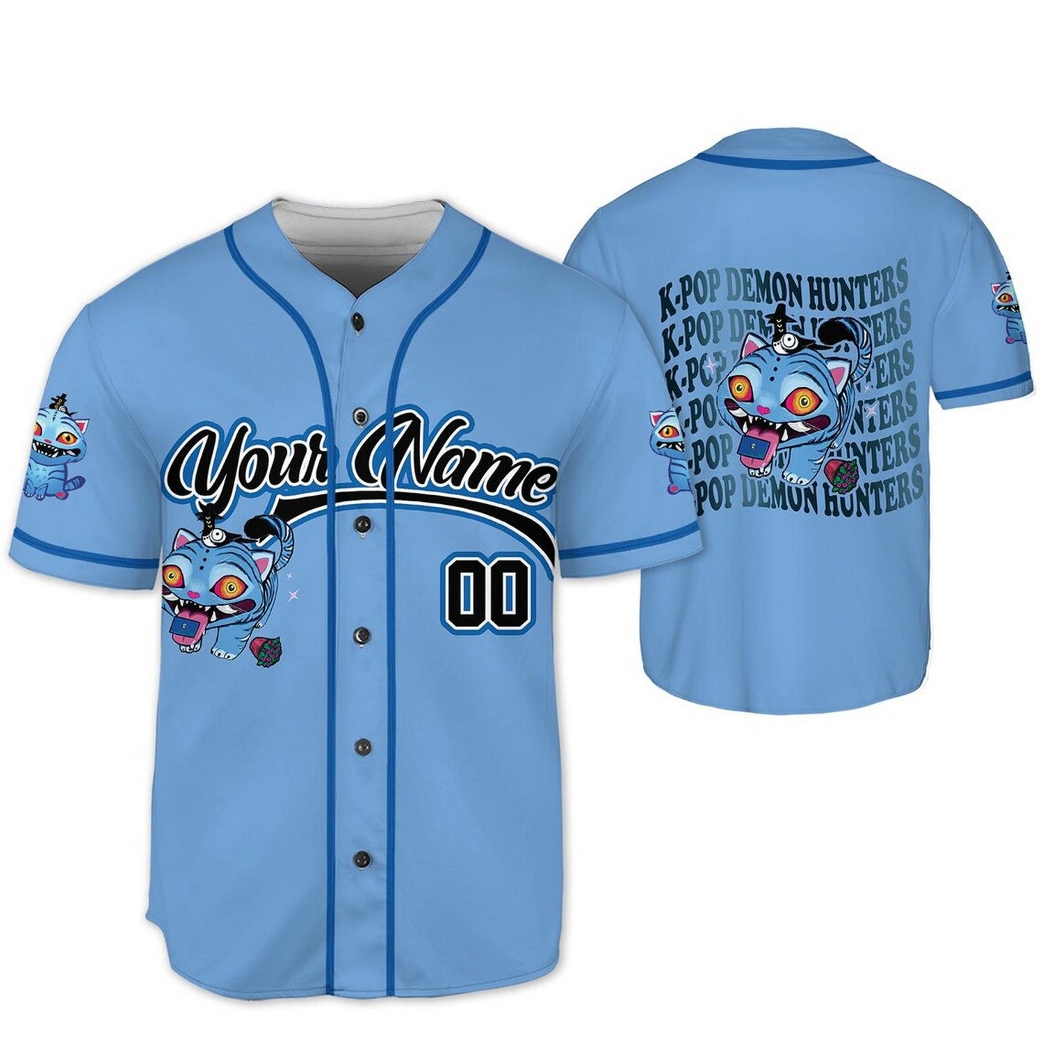 Custom Name And Number Kpop Demon Hunter Tiger Blue Baseball Jersey