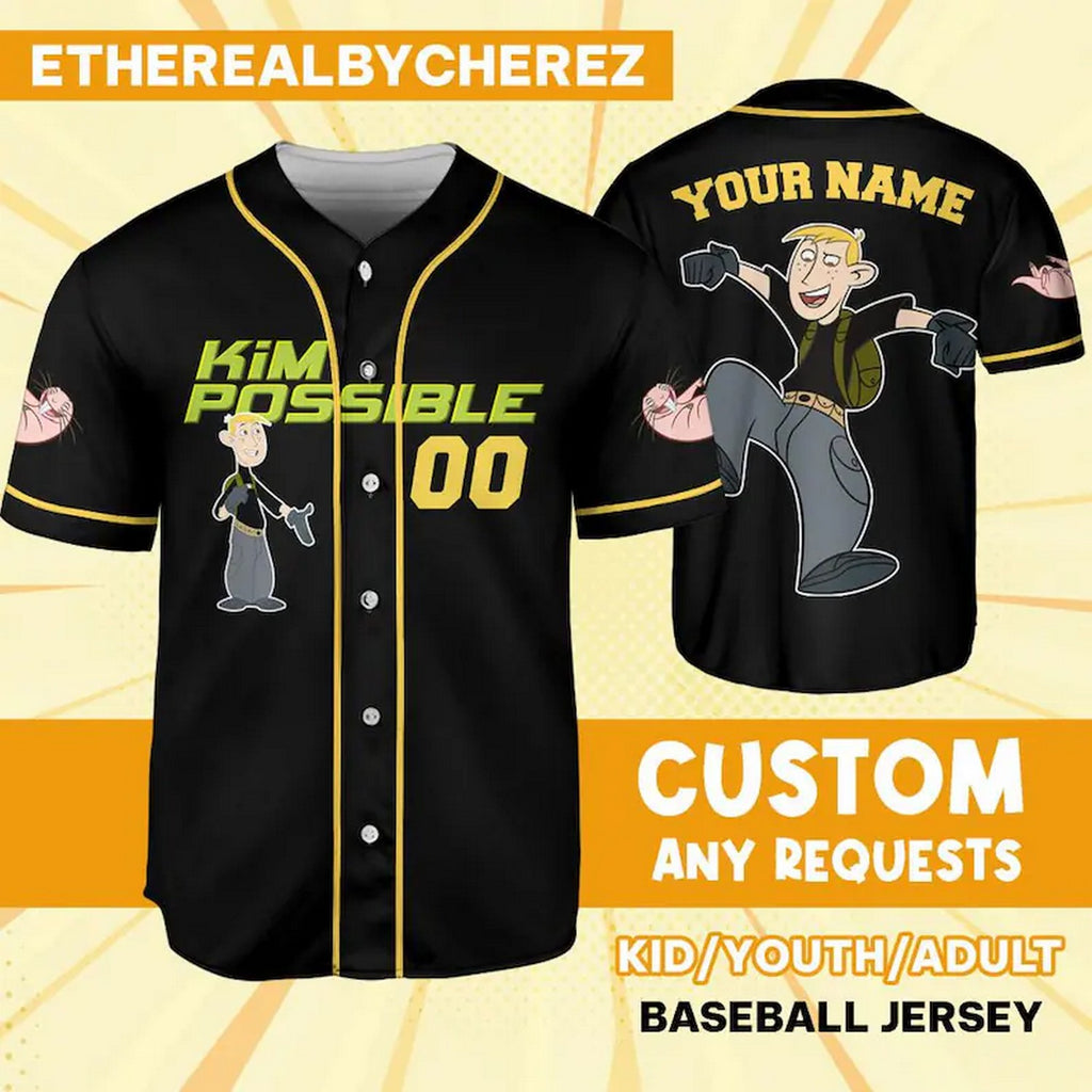 Custom Name And Number Ron Kim Possible Black Baseball Jersey