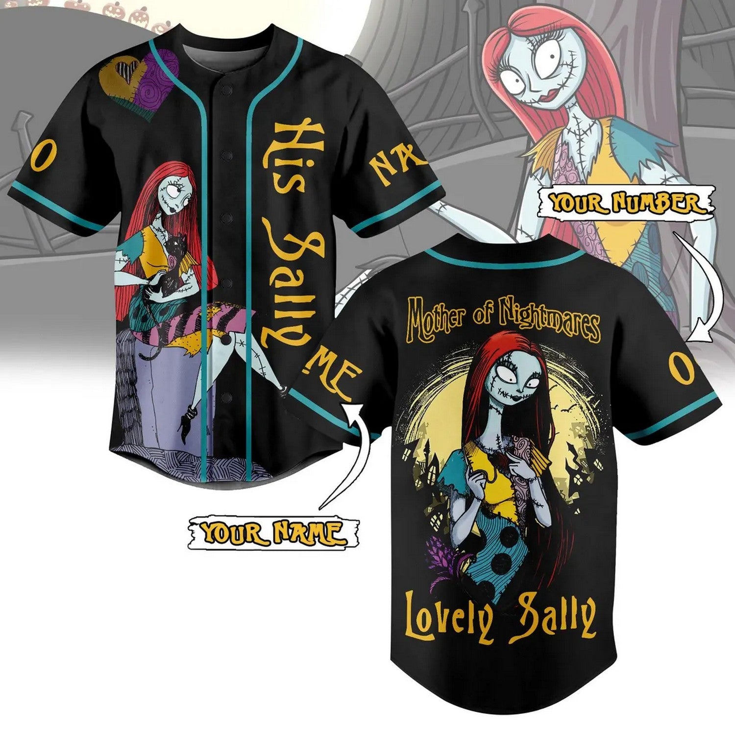 Custom Name And Number Skelington Love Sally Baseball Jersey
