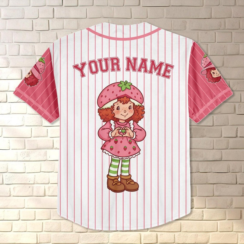 Custom Name And Number Strawberry Shortcake Striped Pink White Baseball Jersey