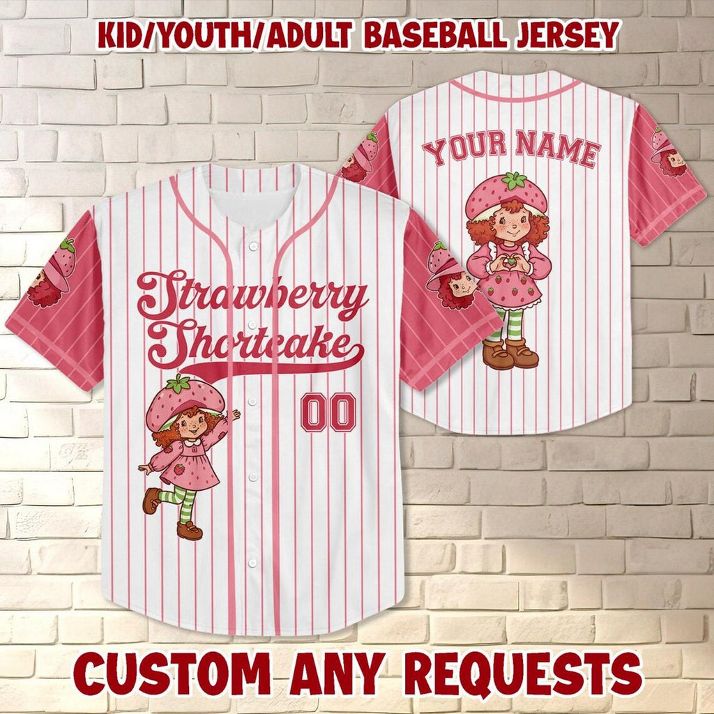 Custom Name And Number Strawberry Shortcake Striped Pink White Baseball Jersey