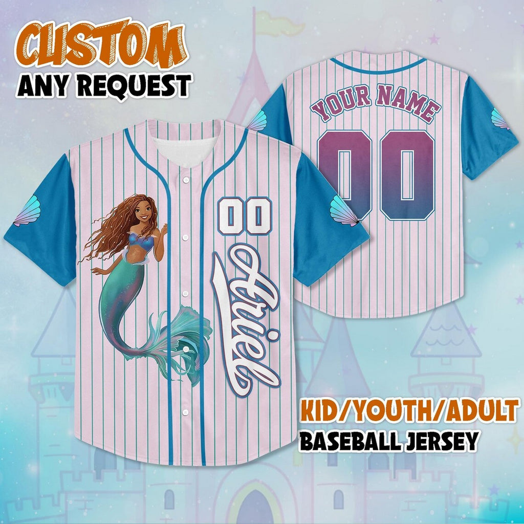 Custom Name And Number The Little Mermaid Princess Ariel Blue Pink Baseball Jersey