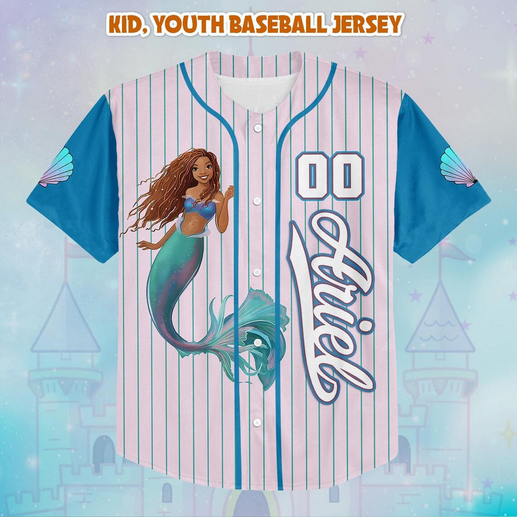 Custom Name And Number The Little Mermaid Princess Ariel Blue Pink Baseball Jersey