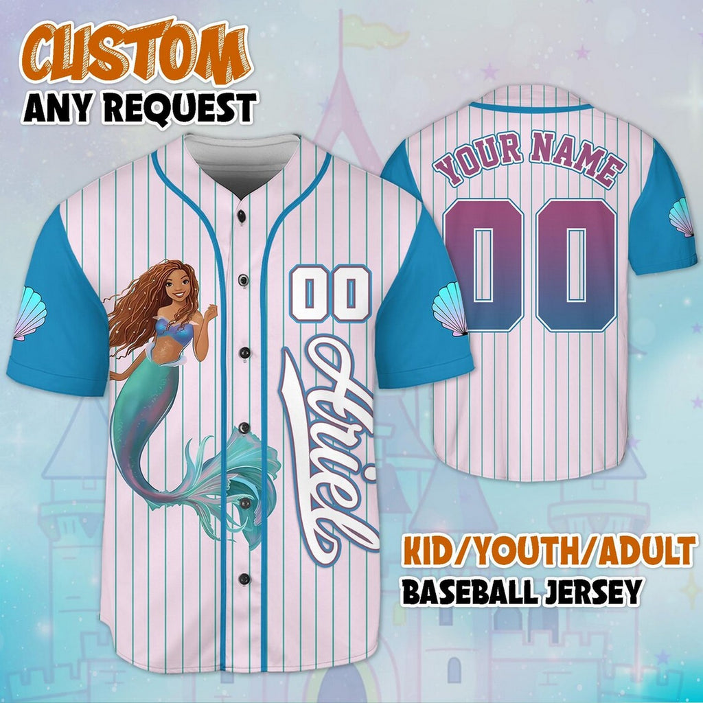 Custom Name And Number The Little Mermaid Princess Ariel Blue Pink Baseball Jersey