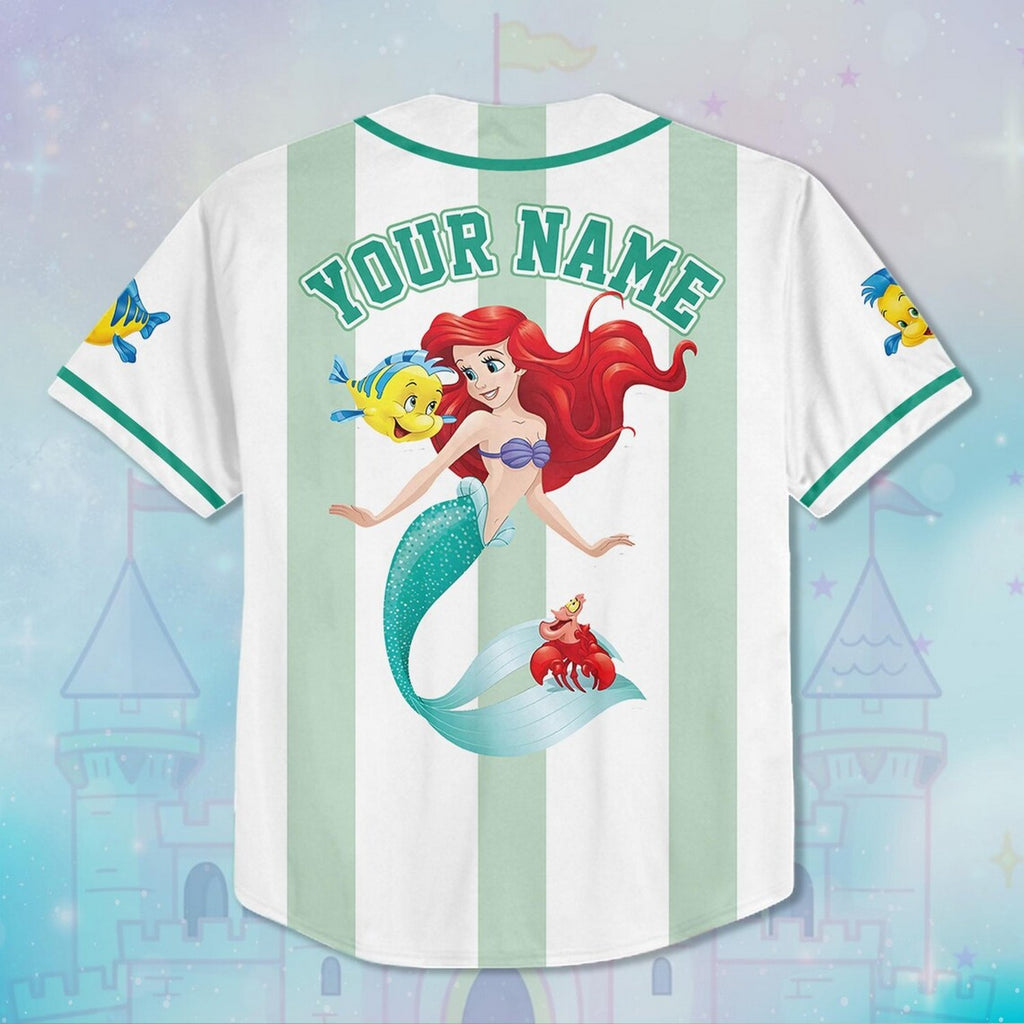 Custom Name And Number The Little Mermaid Princess Ariel Cartoon Green White Baseball Jersey