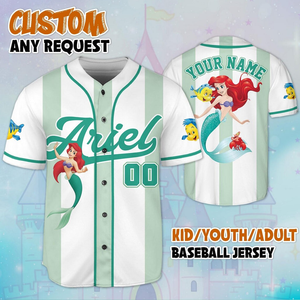 Custom Name And Number The Little Mermaid Princess Ariel Cartoon Green White Baseball Jersey