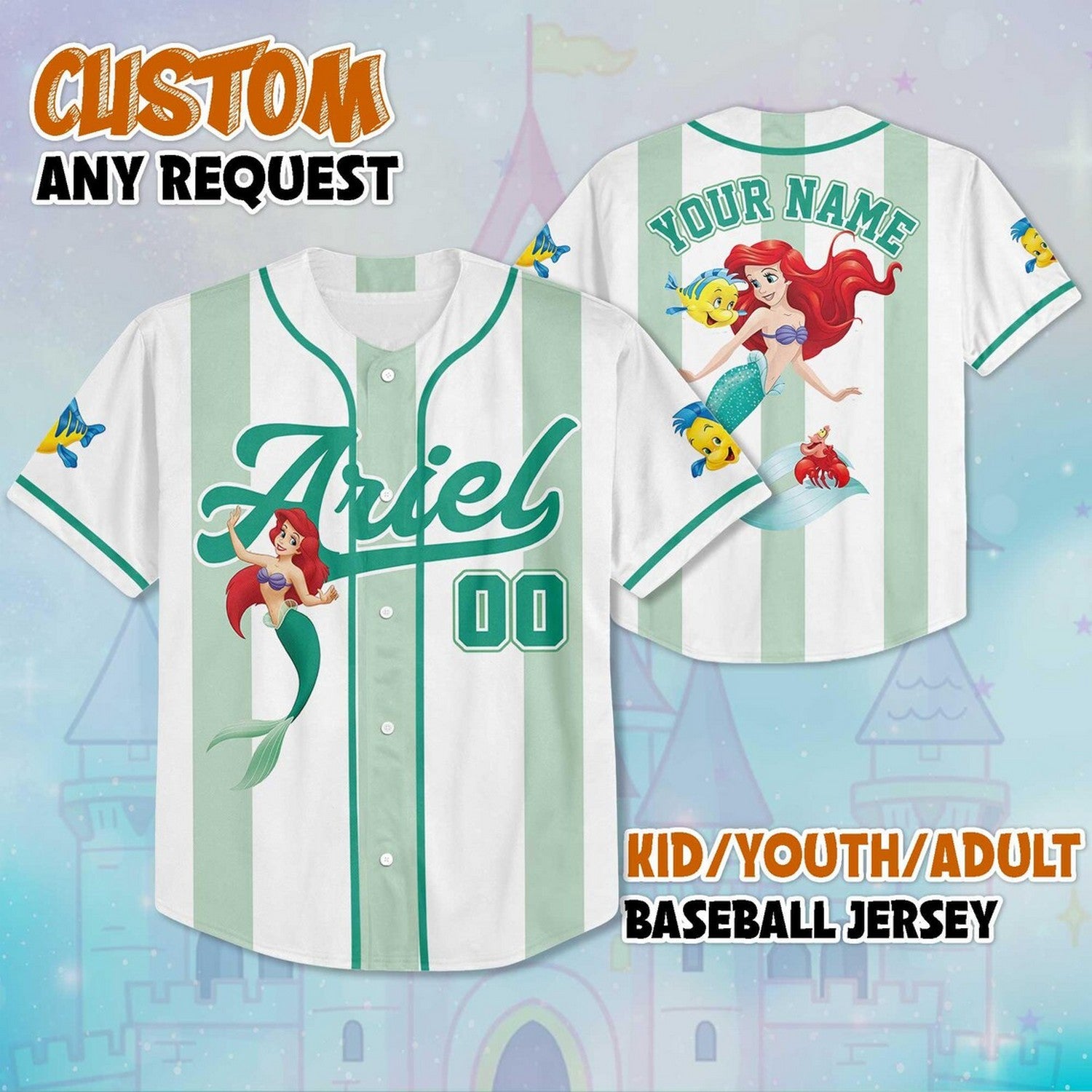 Custom Name And Number The Little Mermaid Princess Ariel Cartoon Green White Baseball Jersey