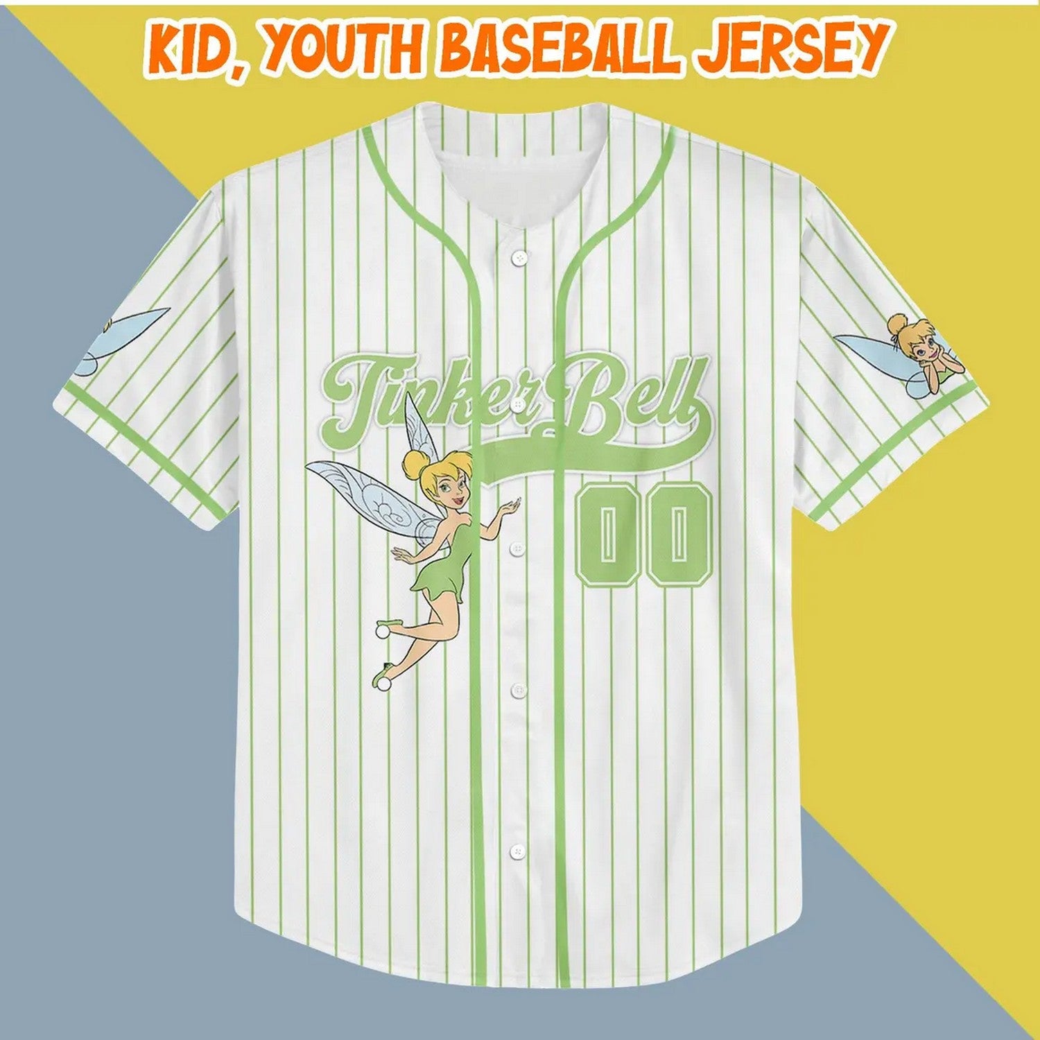 Custom Name And Number Tinker Bell White Vertical Baseball Jersey