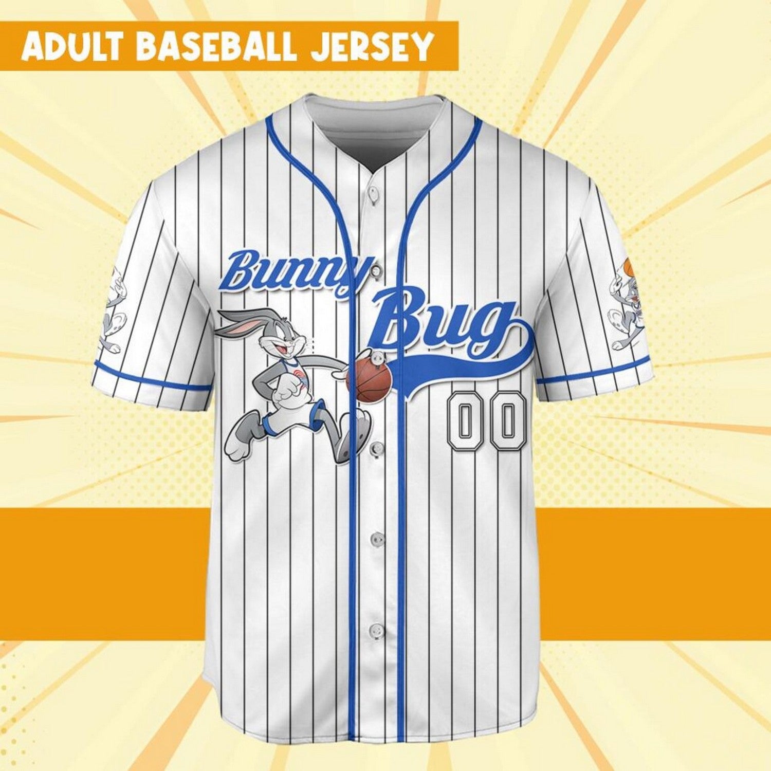 Custom Name Bunny Bug Baseball Jersey Blue White