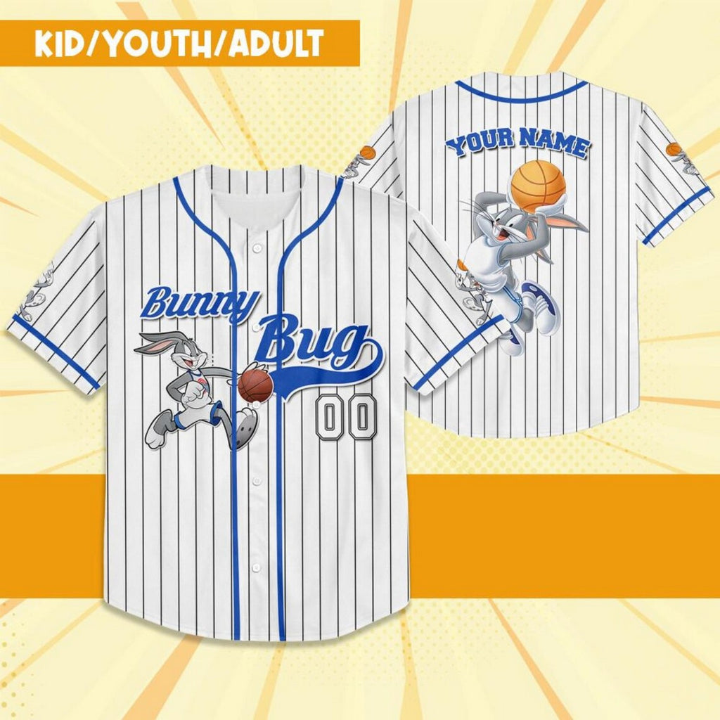 Custom Name Bunny Bug Baseball Jersey Blue White
