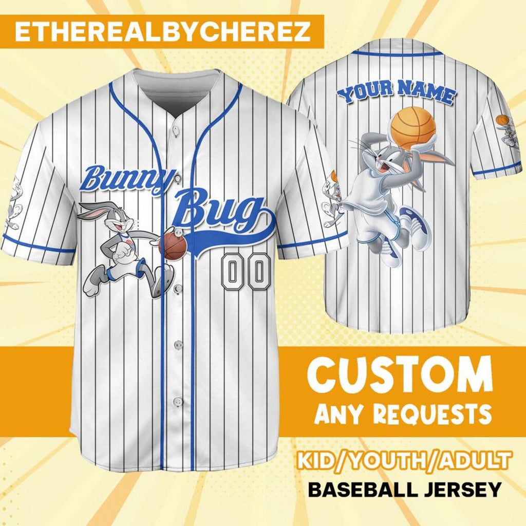 Custom Name Bunny Bug Baseball Jersey Blue White