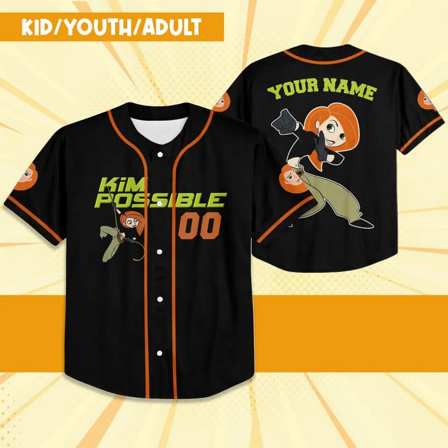 Custom Name Kim Possible Orange Black Baseball Jersey