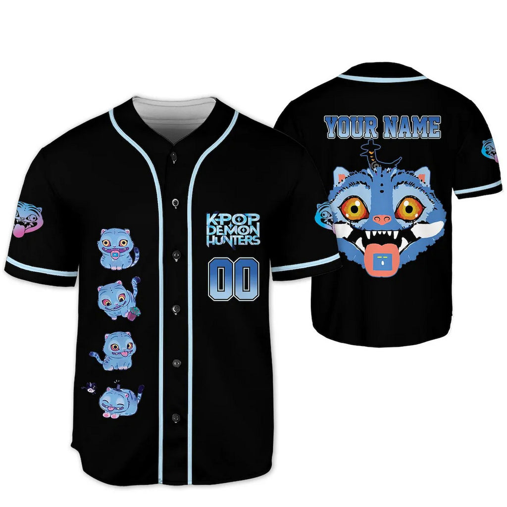 Custom Name Kpop Demon Hunter Blue Cats Black Baseball Jersey