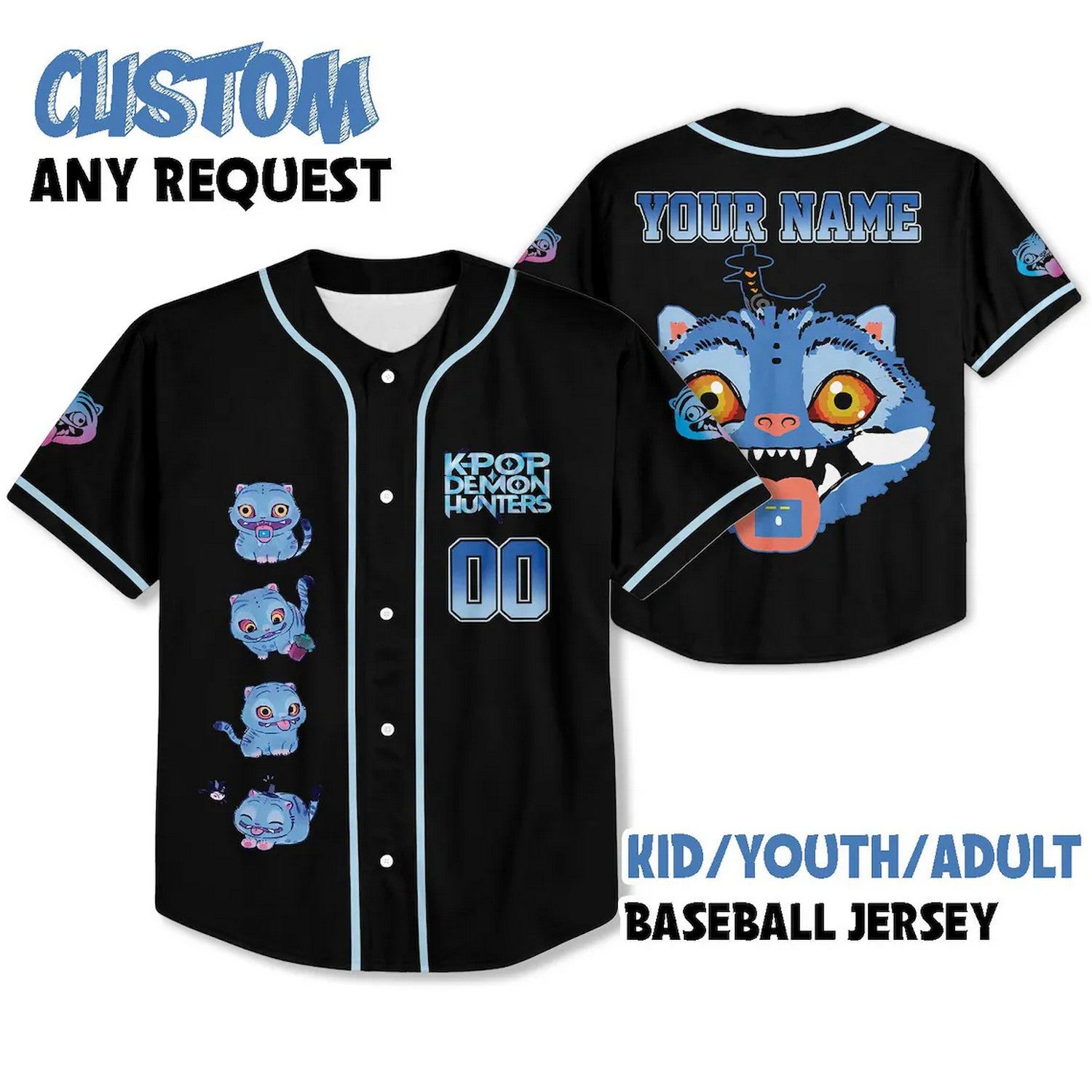 Custom Name Kpop Demon Hunter Blue Cats Black Baseball Jersey
