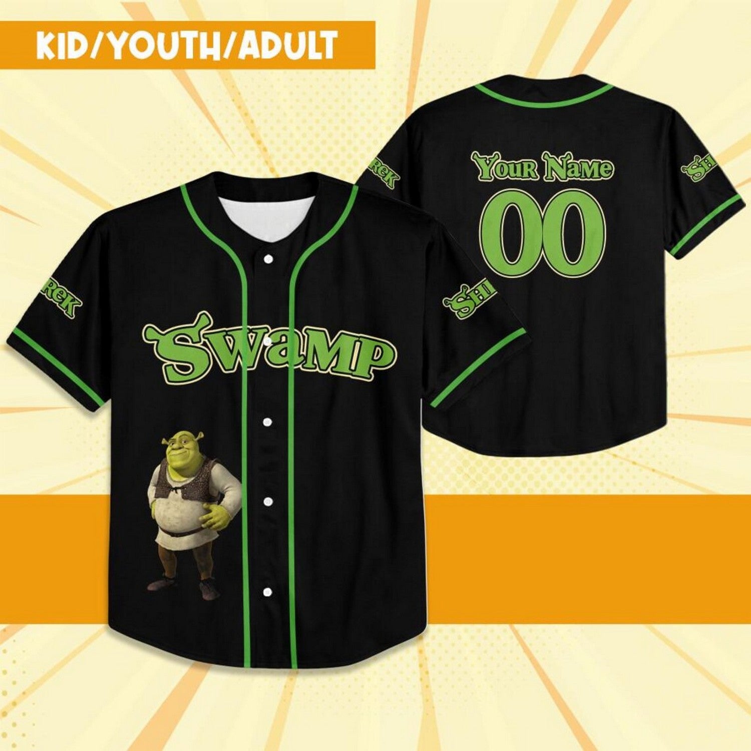 Custom Name Shrek Swamp Black Green Baseball Jersey