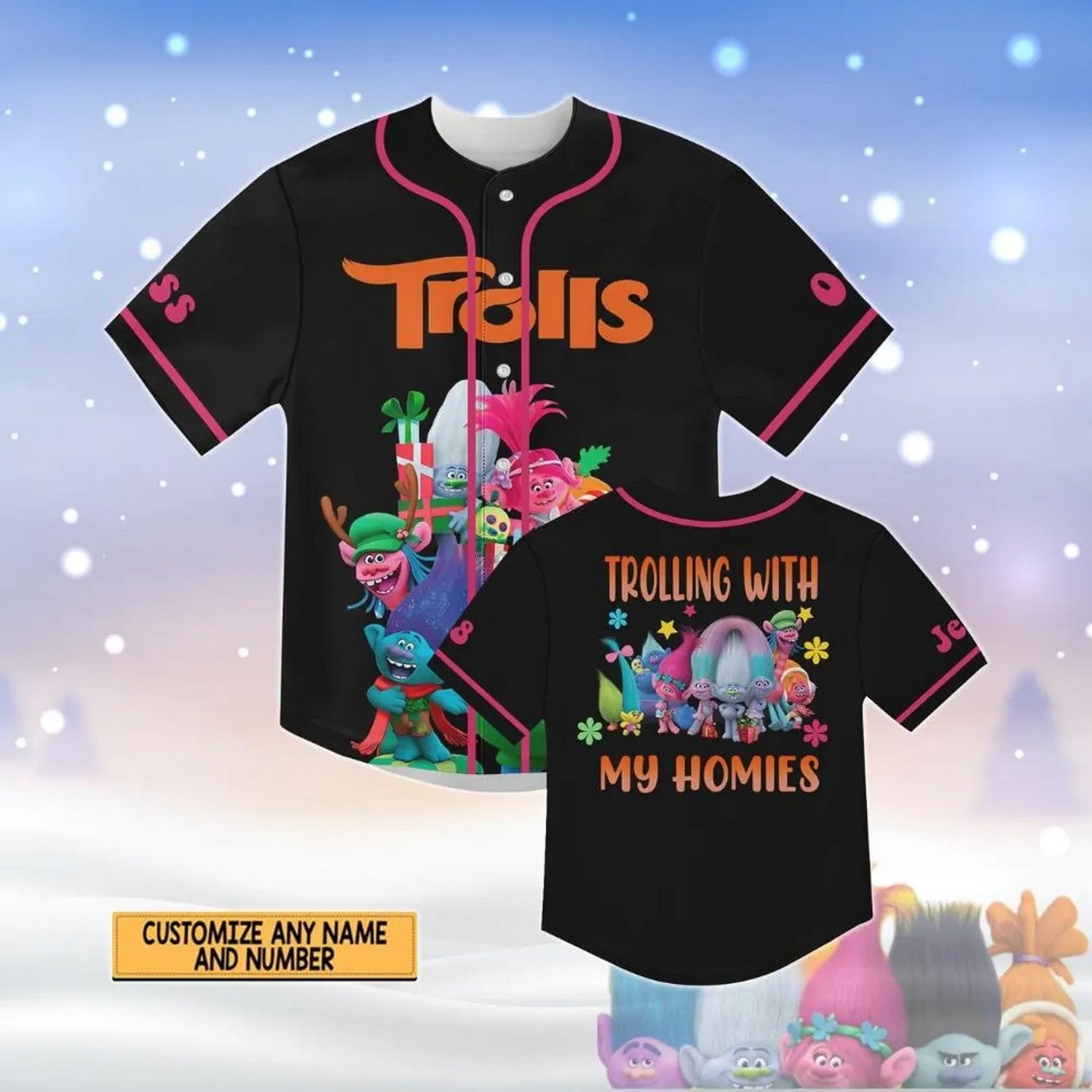 Custom Name Trolls Band Together Black Baseball Jersey