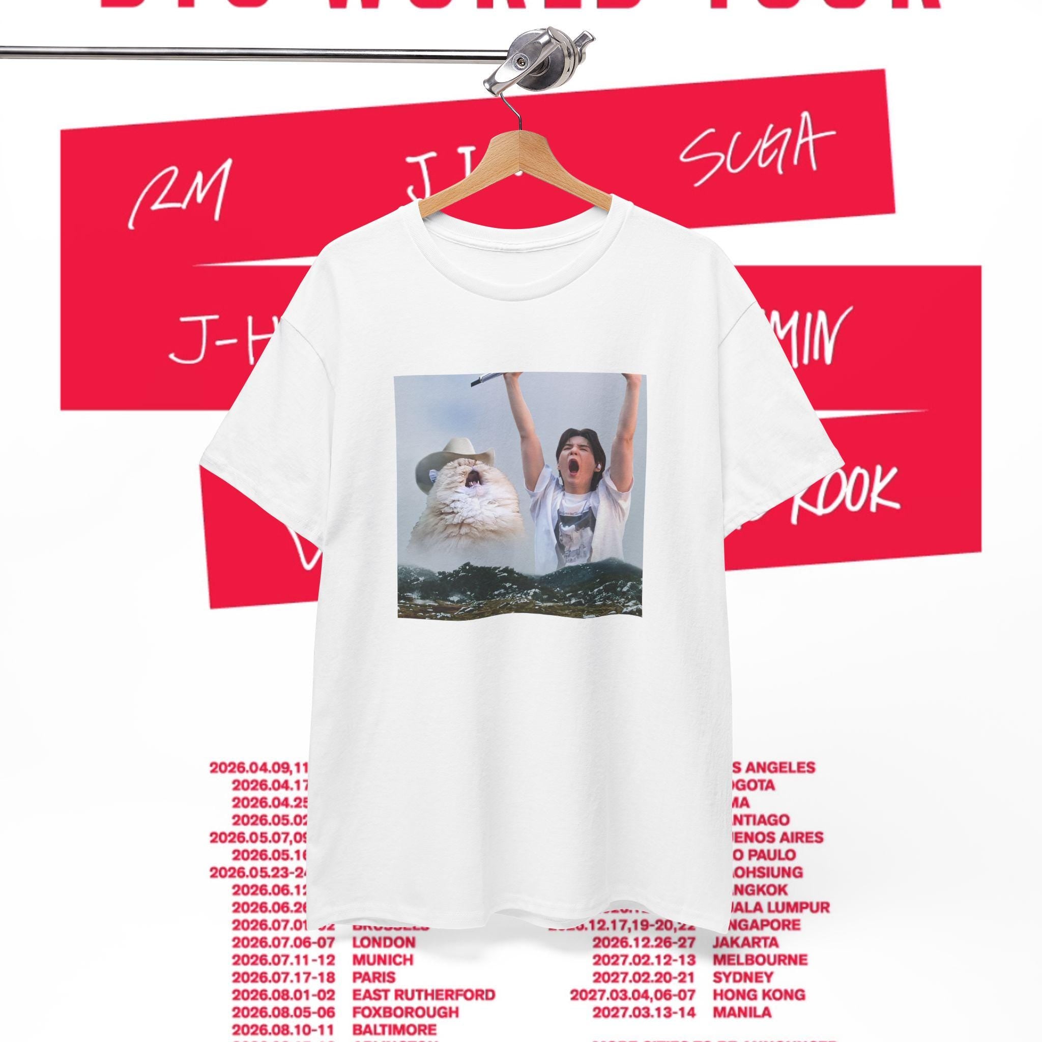 Yoongi Yawn Cat White Heavy Tee Bangtan Kpop Concert World Tour Merch 2026 (1)