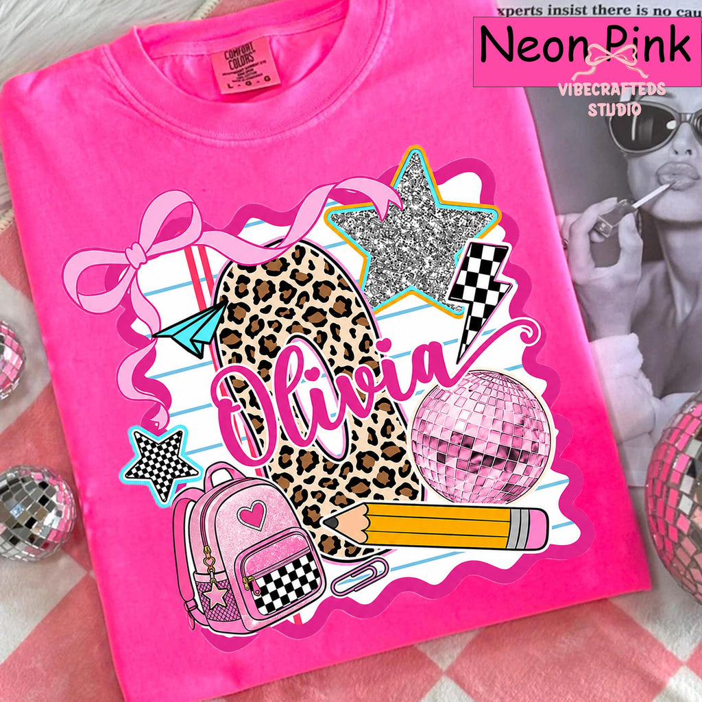 Custom Name Leopard Initial Comfort Colors Back School Girl Tee Coquette Bow Pencil Backpack Custom Student (1)