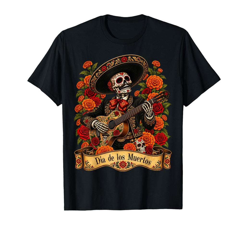 Dia De Los Muertos Sugar Skull Floral Skeleton Guitar Unisex T-shirt, Sweatshirt, Hoodie (1)