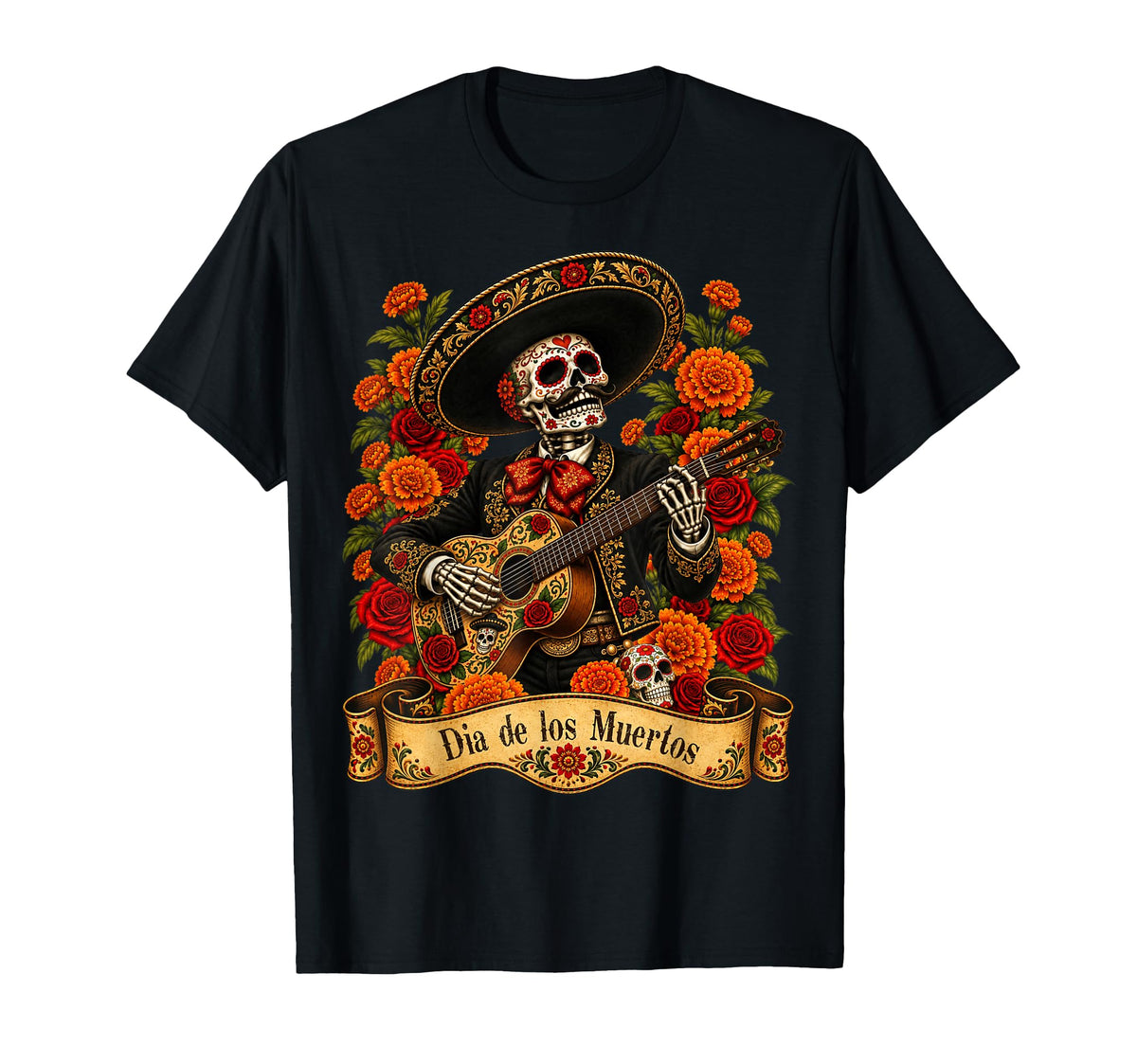 Dia De Los Muertos Sugar Skull Floral Skeleton Guitar Unisex T-shirt, Sweatshirt, Hoodie (1)