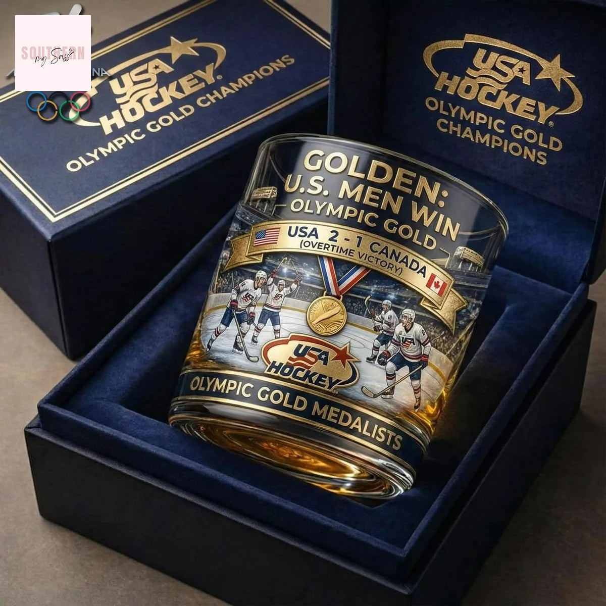 Golden U.S Men Ice Hockey Win Olympic Gold Whiskey Glass