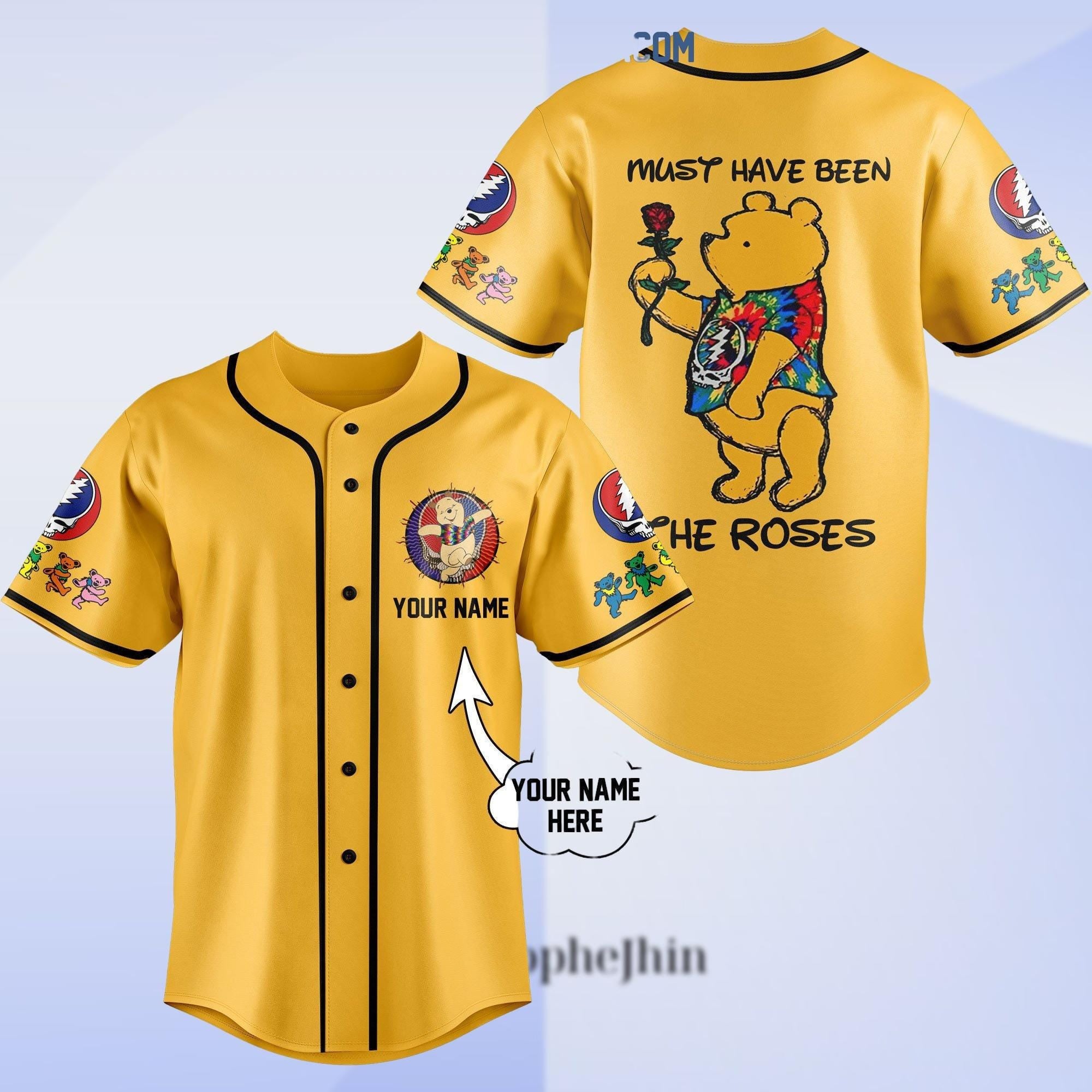 Grateful Dead Pooh Baseball Jersey, Hippie Pooh Shirt, Trippy Rose Tie Dye Pooh Top, Must Have Been the Roses Shirt, Festival Outfit