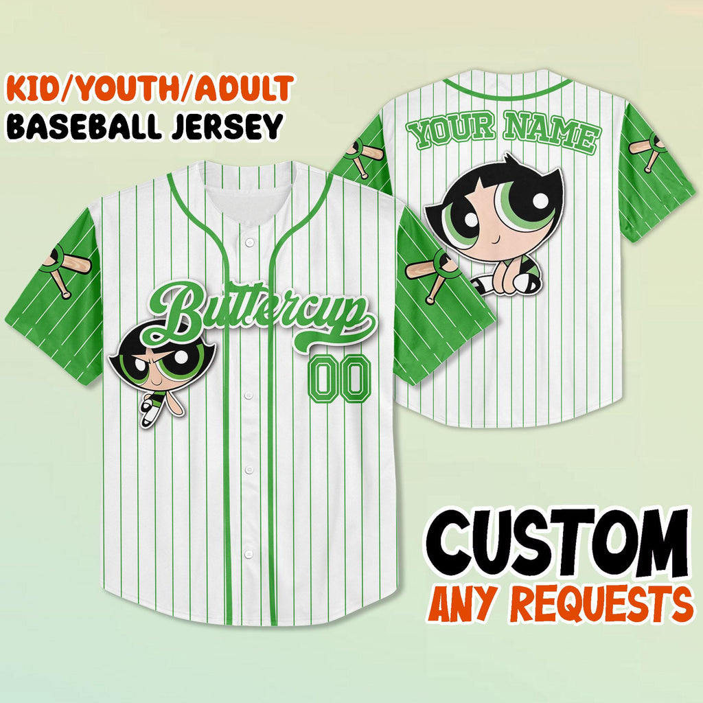 Custom Buttercup Baseball Jersey, Kid Youth Adult Jersey, Personalized Name Number Shirt, Power Cartoon Team Jersey, Gift for Fans